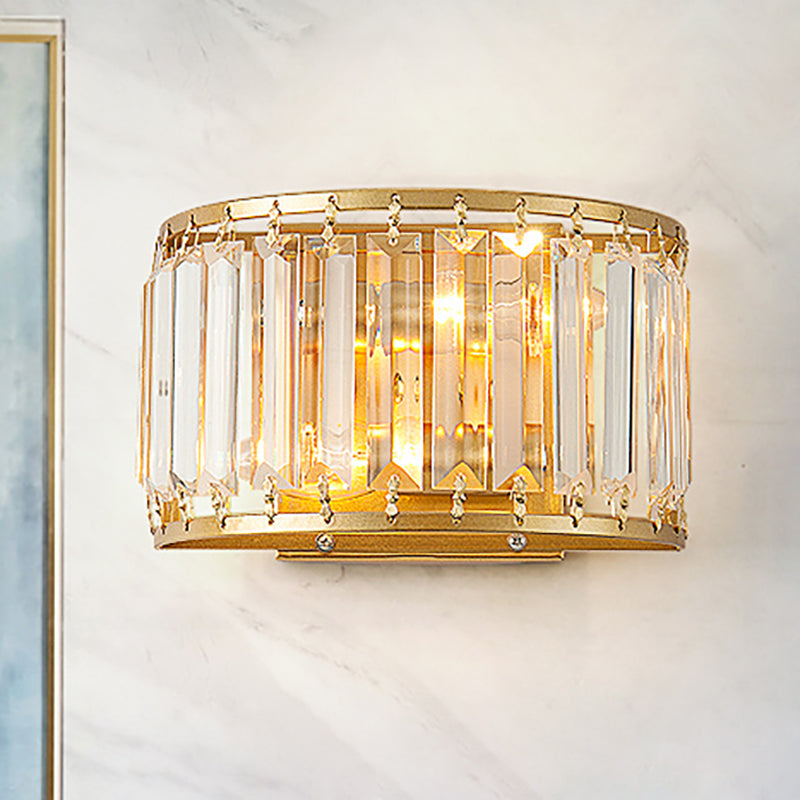 Modern Brass Wall Sconce With Drum-Shaped Clear Crystal Shade - 1 Light Living Room Lighting Fixture