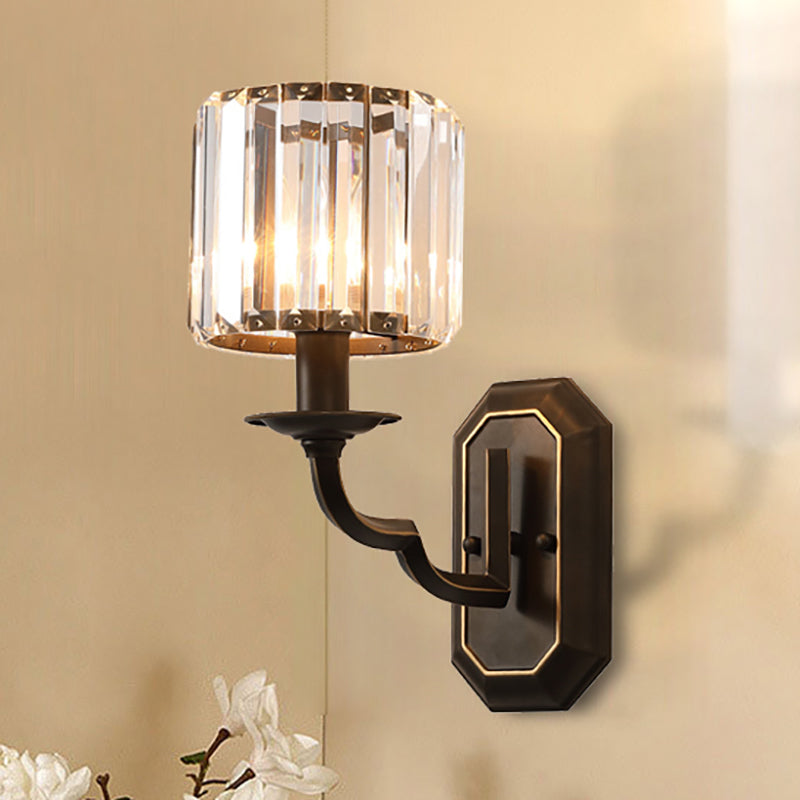 Vintage Metallic Wall Lamp With Clear Crystal Facets - Cylindrical 1-Head Black Fixture