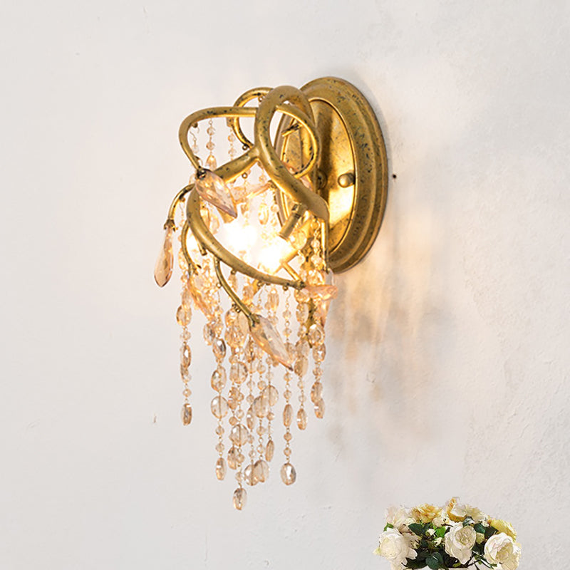 Vintage Metal Wall Mount Sconce Light With Amber Crystal Bead Accent - Brass Finish 1 Bulb