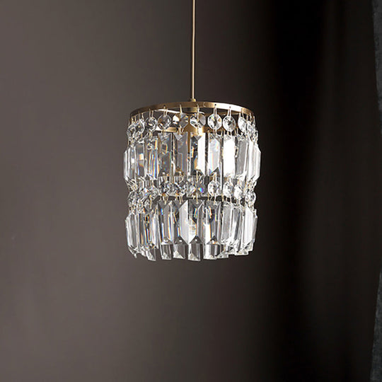 Modern Crystal Drum Chandelier with 2 Tiers, Gold Hanging Light for Bedroom