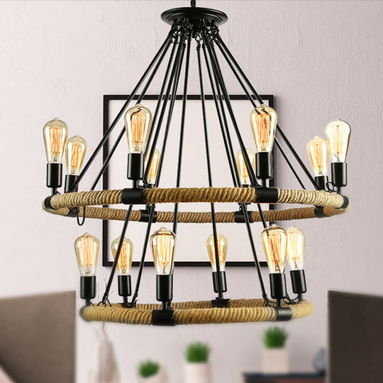 Lodge Style Roped Ring Chandelier Pendant Light With Adjustable Chain - 6/8 Heads In Black 14 /