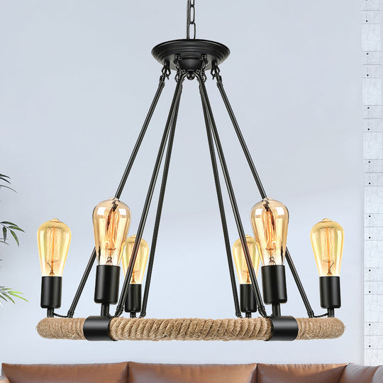 Lodge Style Roped Ring Chandelier Pendant Light With Adjustable Chain - 6/8 Heads In Black 6 /
