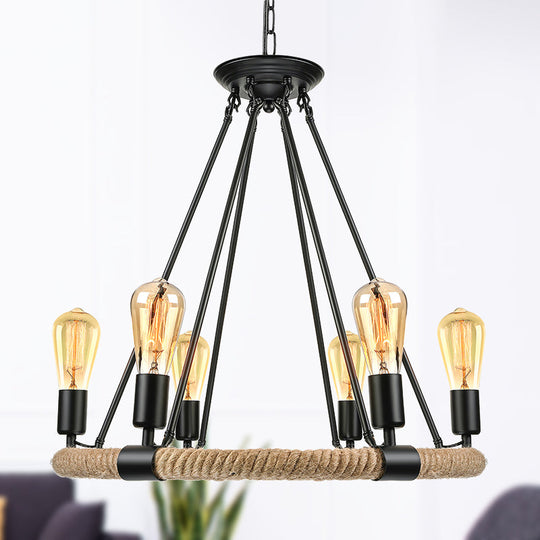 Rustic Rope Ring Chandelier - Lodge Style Pendant Light with Adjustable Chain, 6/8 Heads, Black