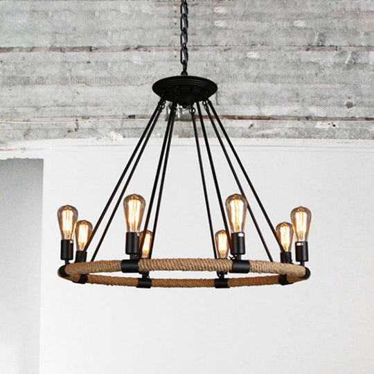 Lodge Style Roped Ring Chandelier Pendant Light With Adjustable Chain - 6/8 Heads In Black