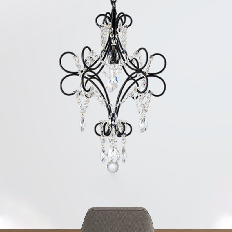 Antique Iron Pendant Light with Black Curve Arm and Crystal Accent - 1 Light Ceiling Fixture