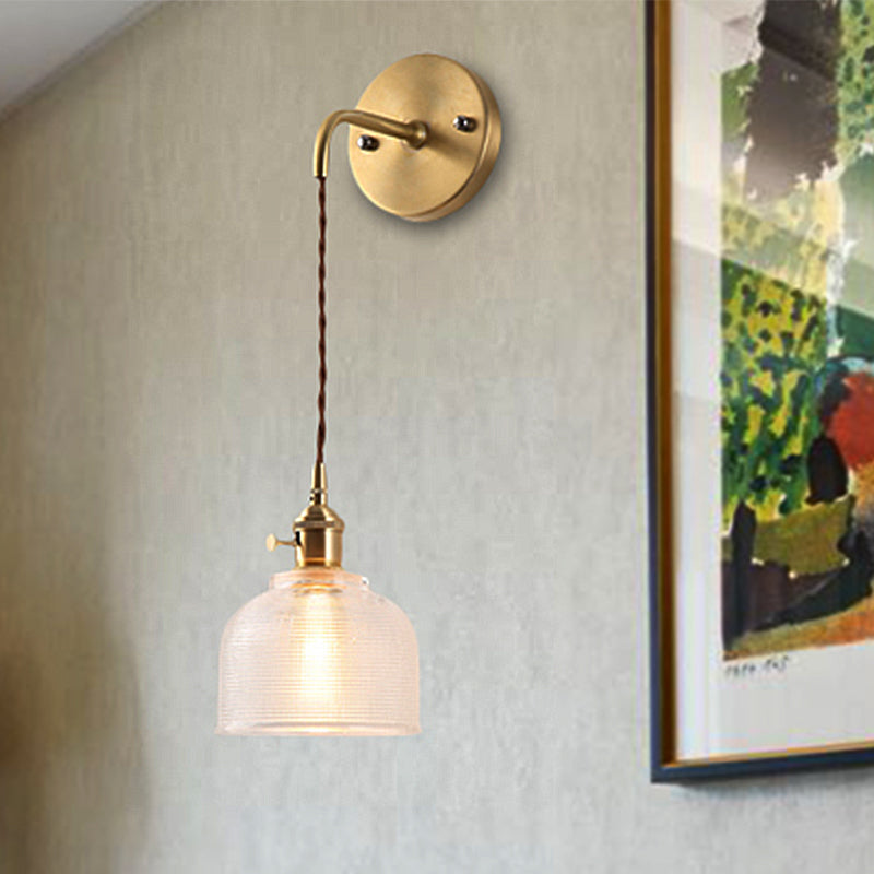 Industrial Brass Sconce With Clear Textured Glass Dome - One Light Lighting Fixture