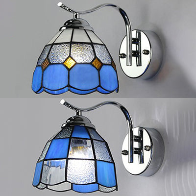 Tiffany Style Tapered Wall Light: Square/Gem Pattern Stained Glass Sconce In Blue