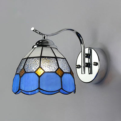 Tiffany Style Tapered Wall Light: Square/Gem Pattern Stained Glass Sconce In Blue / Gem