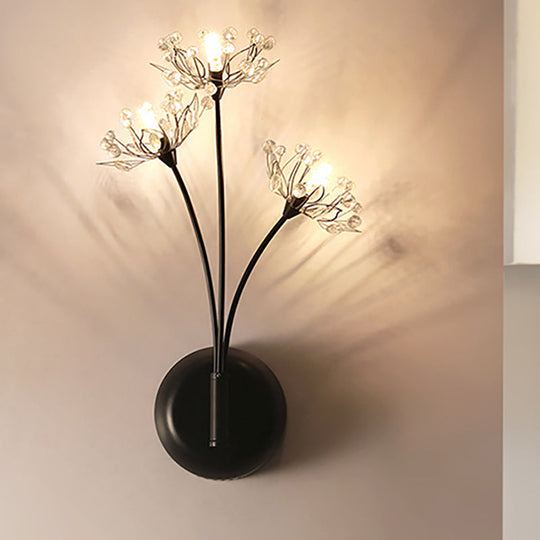Vintage Black Dandelion Sconce Light With 3 Crystal Wall Lights For Stairway