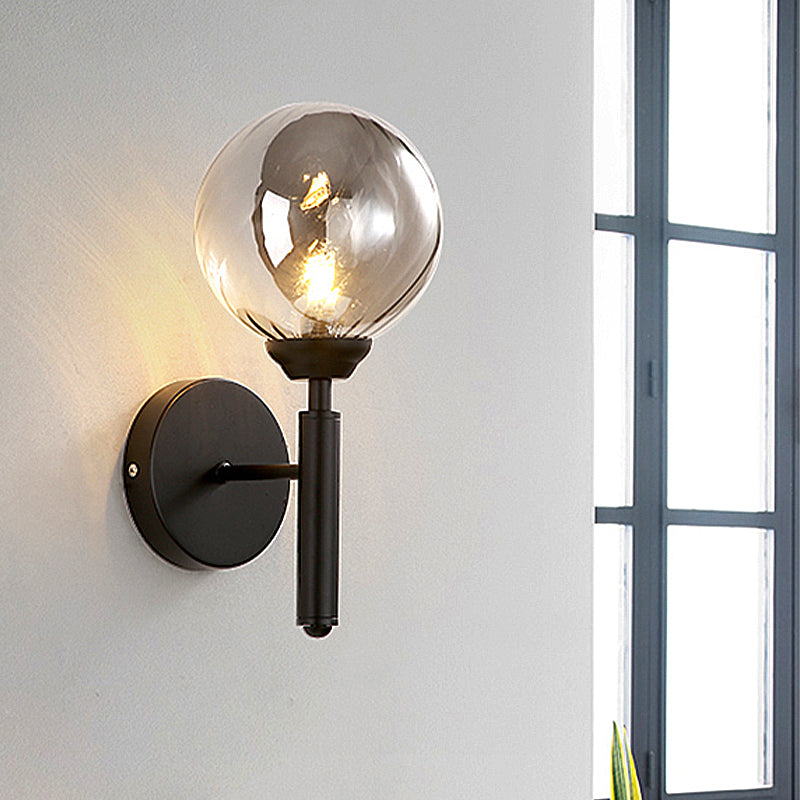 Modern Round Smoked Glass Wall Mounted Lamp In Black - Single Bulb Bedroom Sconce Light Smoke Gray