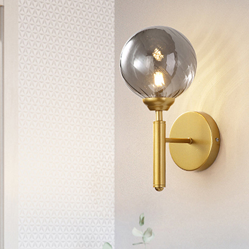 Modern Brass Wall Light With Smoked Textured Glass Globe Bulb Smoke Gray