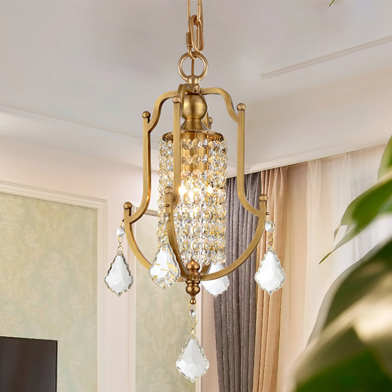 Lantern Frame Vintage Metal Pendant Light With Crystal Accent - Brass Hanging Lamp Kit
