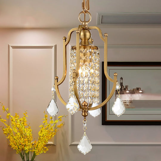 Lantern Frame Vintage Metal Pendant Light With Crystal Accent - Brass Hanging Lamp Kit