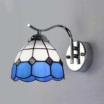 Vintage Industrial Gooseneck Wall Sconce With Stained Glass Clear/Blue Lighting Blue