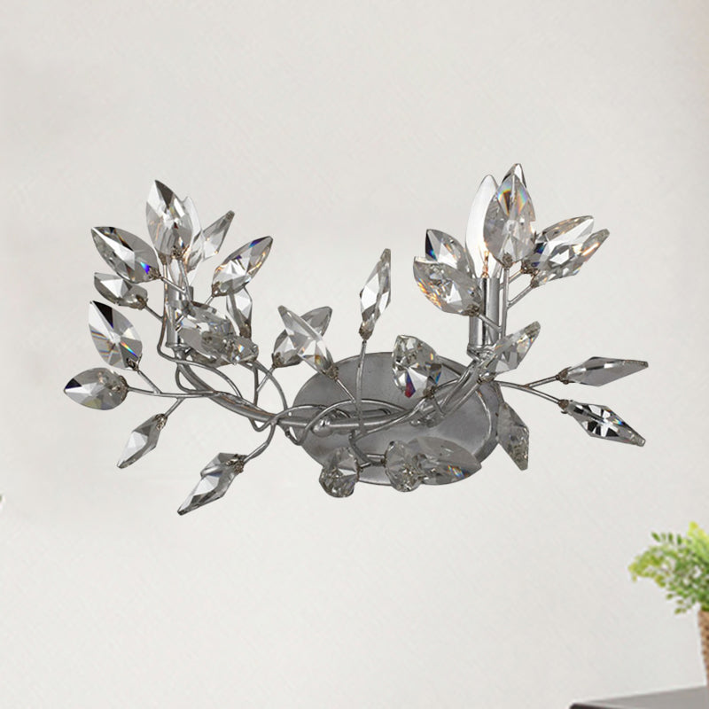 Modern Crystal Leaf Sconce Light - 2 Lights Gold/Silver Wall Mount For Living Room Silver