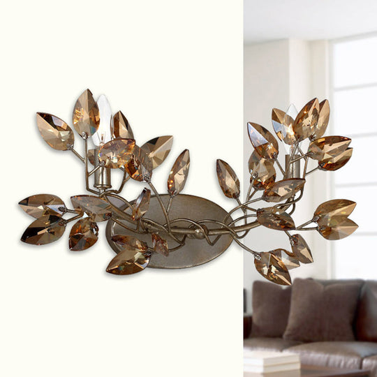 Modern Crystal Leaf Sconce Light - 2 Lights Gold/Silver Wall Mount For Living Room Gold