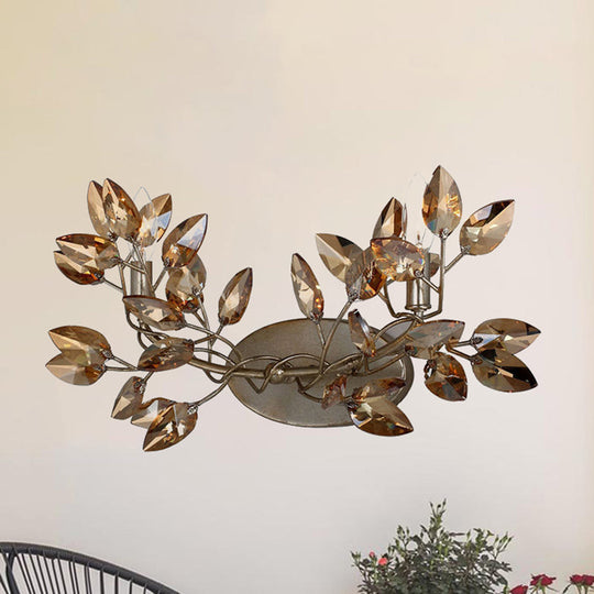 Modern Crystal Leaf Sconce Light - 2 Lights Gold/Silver Wall Mount For Living Room