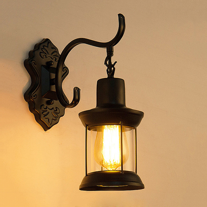 Vintage Glass Wall Mounted Lantern: Single Bulb Outdoor Sconce Light In Black With Carved Pattern