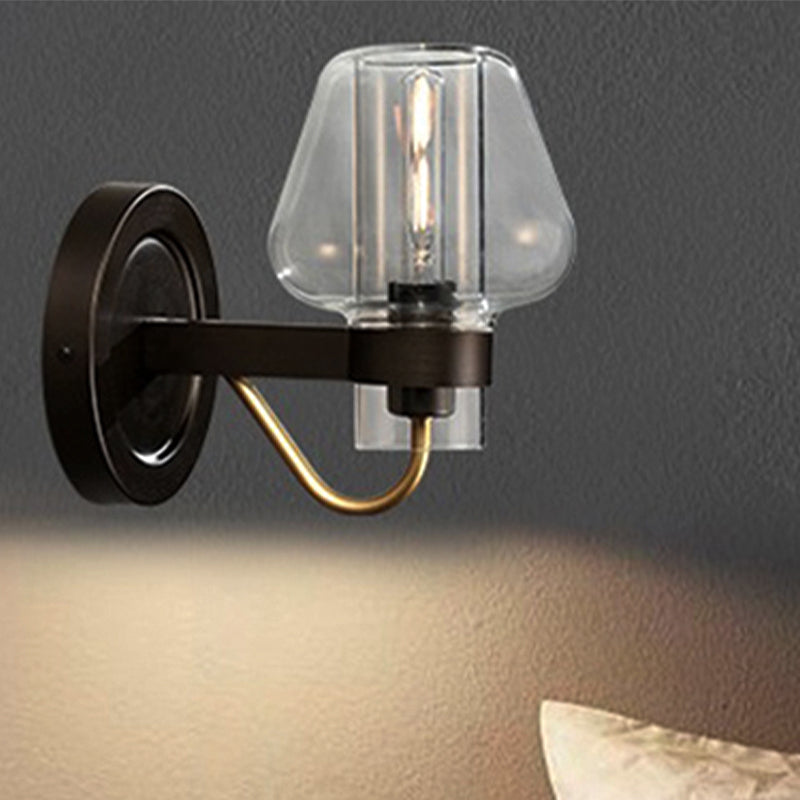 Modern Black Wall Sconce With Clear Glass Mushroom Shade - 1 Light Bedroom Lighting Fixture