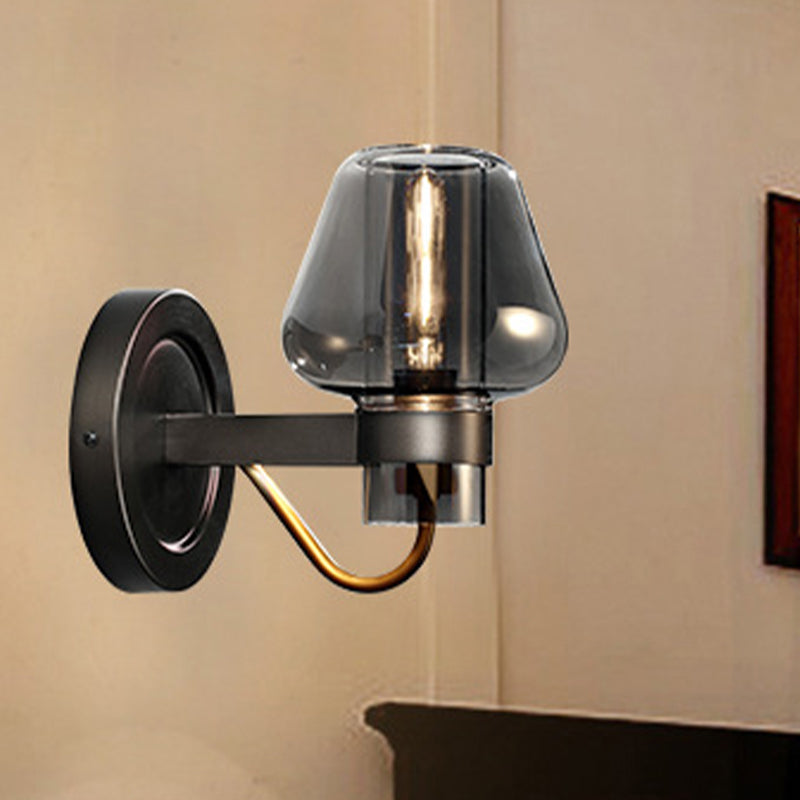Modern Smoked Glass Mushroom Sconce Light For Bedroom - Black One-Light Lighting Fixture Smoke Gray
