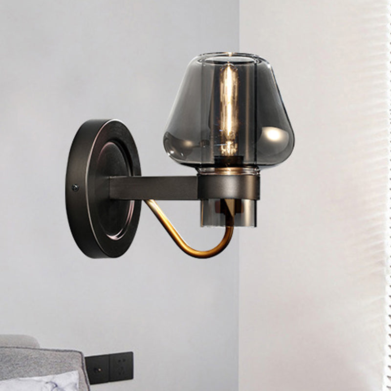 Modern Smoked Glass Mushroom Sconce Light For Bedroom - Black One-Light Lighting Fixture