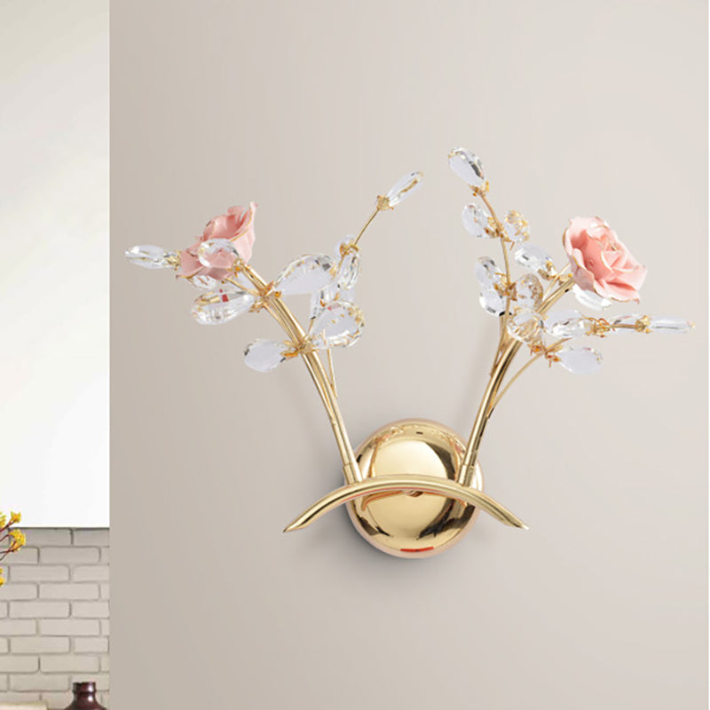 Vintage Gold Metal Wall Sconce Lamp With Rose Design Crystal Leaf And 2 Lights For Living Room