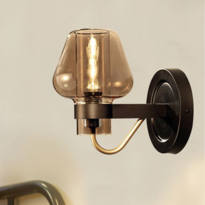 Modern Black Mushroom Wall Sconce With Amber Glass - Bedroom Lighting Fixture