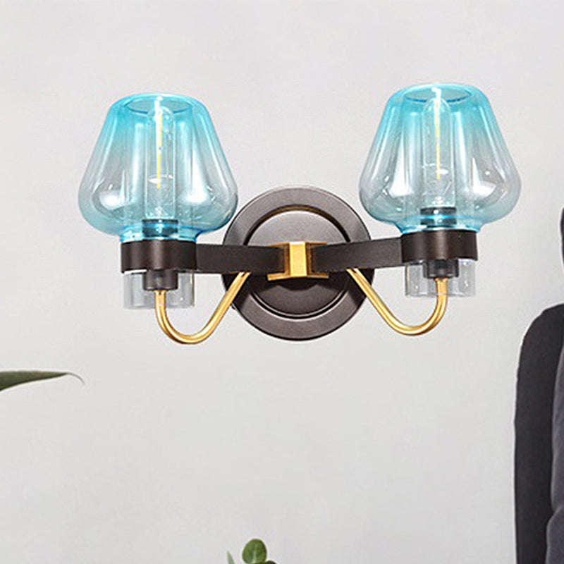 Modern Mushroom Blue Glass Wall Mounted Bedroom Sconce Light With 2 Bulbs In Black