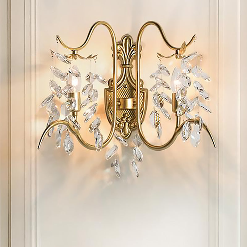Contemporary Brass Sconce Light With Clear Crystal Strand - Curve Arm Wall (2-Light)