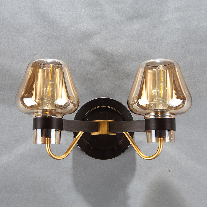 Modern Black Amber Glass Wall Lamp - 2-Light Mushroom Sconce Light Fixture For Living Room