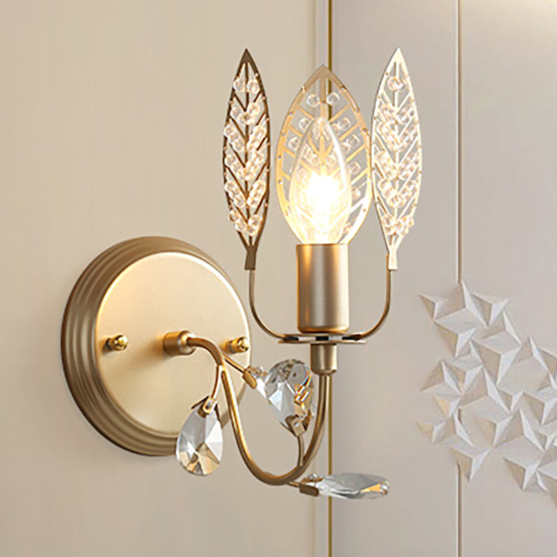 Modern Crystal Leaf Bronze Sconce Light - Wall Mounted Bedroom Lighting Brass