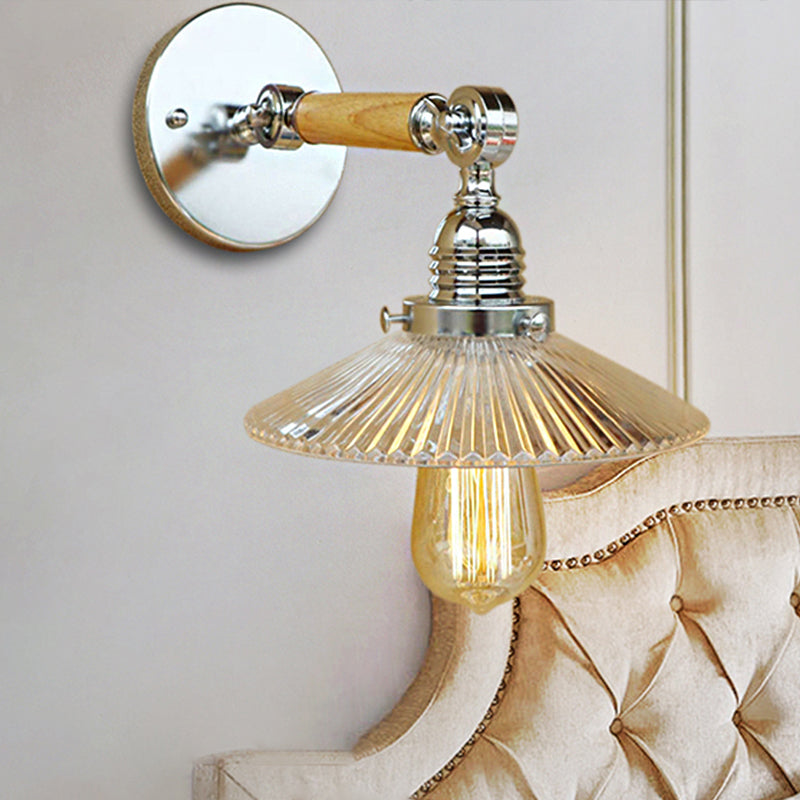 Clear Ribbed Glass Wall Sconce Light With Industrial Chrome Cone Wooden Arm - 1 8/4/6 Wide Living