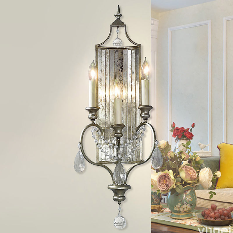 Rustic Metal Wall Sconce With Crystal Accent - 2 Light Candelabra Fixture Silver