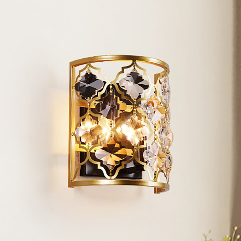 Vintage Stylish Brass Wall Mounted Lamp With Clear Crystal Accent - Half-Cylinder Lighting 2 Lights