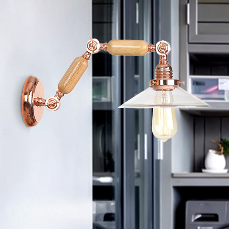 Clear Glass Wood Sconce Light: Industrial Wall Lamp With Extendable Arm - 1-Light Fixture