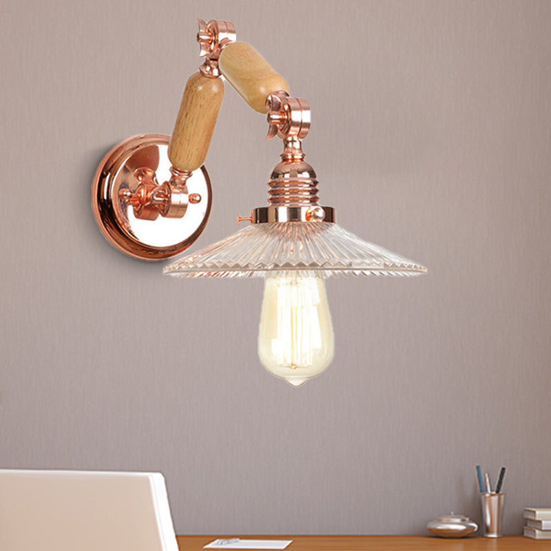 Industrial Living Room Sconce With Clear Prismatic Glass Shade And Curved Arm