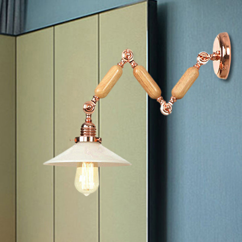 Industrial Opal Glass Cone Wall Light With Curved Arm - 1 Wood Finish Dining Room Sconce Fixture