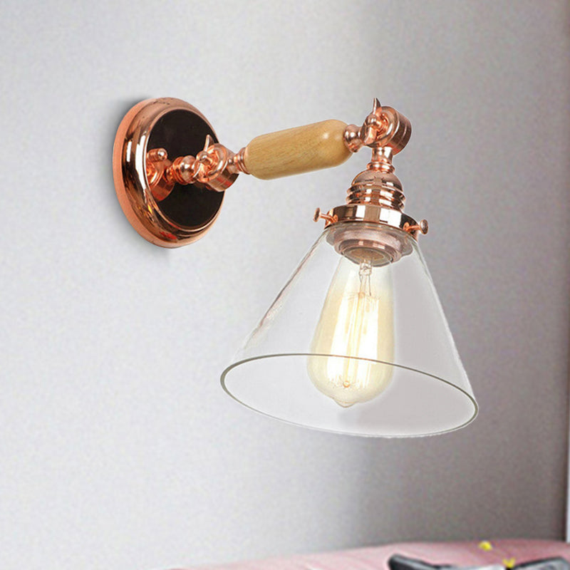 Rose Gold Industrial Cone Wall Sconce With Clear Glass - 1 Bulb Lighting Fixture