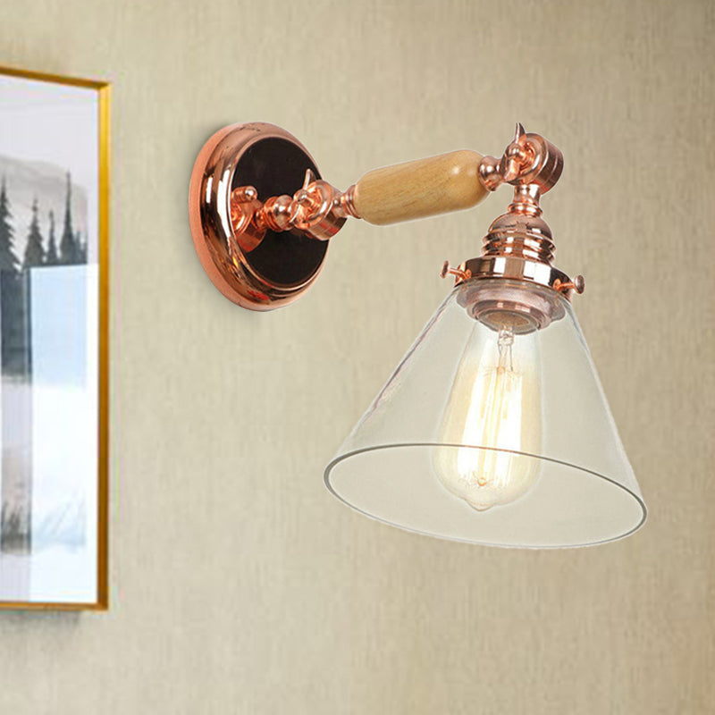 Rose Gold Industrial Cone Wall Sconce With Clear Glass - 1 Bulb Lighting Fixture