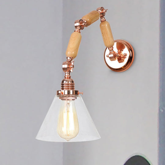 Clear Glass Sconce Light Fixture: Industrial Gold Cone Living Room Wall Lamp With Curved Arm