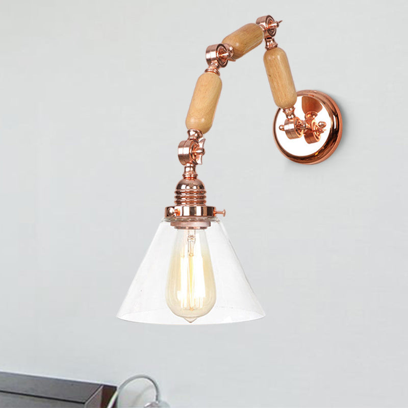 Clear Glass Sconce Light Fixture: Industrial Gold Cone Living Room Wall Lamp With Curved Arm