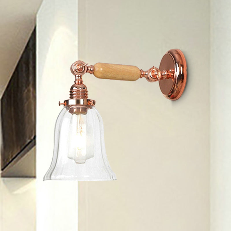 Vintage Style Prismatic Glass Sconce Light With Extendable Arm - Clear Bell Wood Wall Lamp Fixture