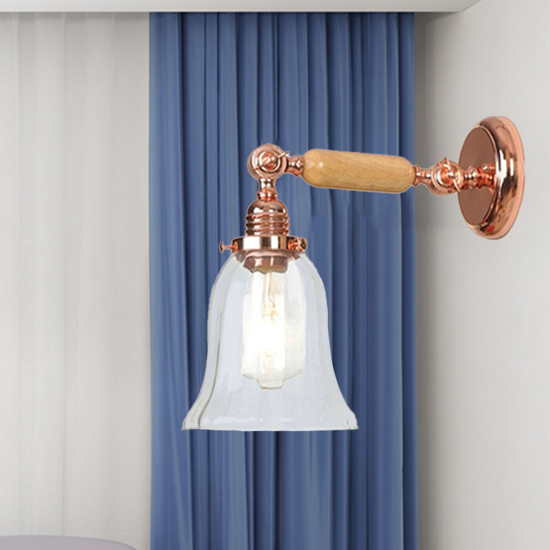 Vintage Style Prismatic Glass Sconce Light With Extendable Arm - Clear Bell Wood Wall Lamp Fixture