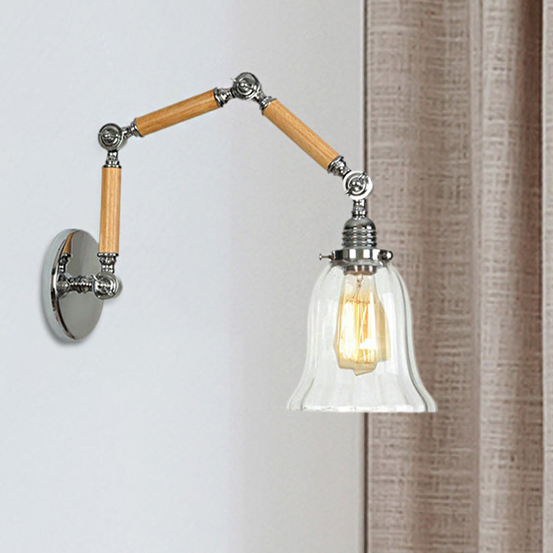Vintage Clear Glass Wall Mounted Lamp - Flared Single Bulb Sconce Light With Extendable Wooden Arm