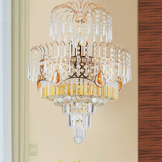 Modern Gold Chandelier Light With Layered Crystal Shade - 3/7 Lights Dining Room Ceiling Lamp