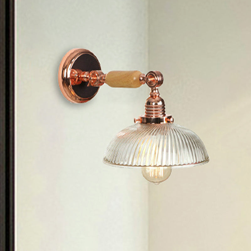 Ribbed Glass Sconce Light Fixture - Farmhouse Style Rose Gold Wall Lamp Clear