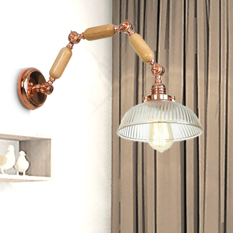 Vintage Style Wall Sconce Lighting Fixture - Ribbed Glass Bowl Shade Single Bulb For Living Room