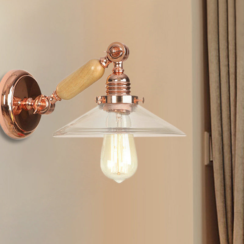Rustic Rose Gold Cone Wall Sconce With Clear Glass Rotatable Arm 1 Light Living Room Lighting