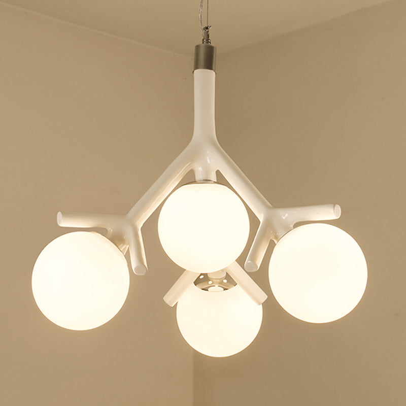 Modern Metal Branch Pendant Light With Orb Shade: Kid Bedroom Chandelier (4 Heads) White