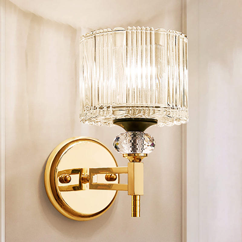 Modern Crystal Shade Wall Light: 1-Light Gold Cylinder Sconce Fixture